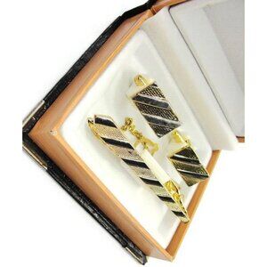 Cufflinks Set w Neck Tie Clip Gold Tone Unique Design Shirt Suit Vintage IOB